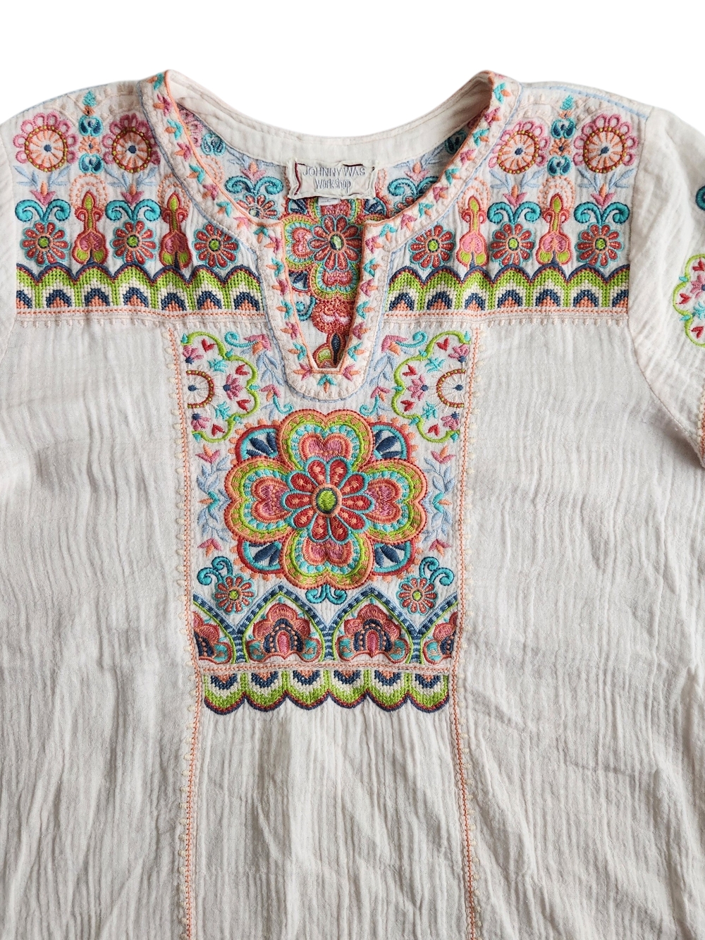 Johnny Was Workshop Embroidered Blouse Tunic Top L Beige Bohemian Mandala Crepe
